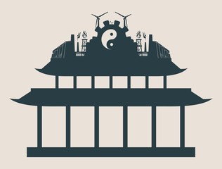 Naklejka premium Energy and Power icons on the pagoda roof. Sustainable energy generation and heavy industry. Vector illustration.