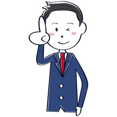 紺色のブレザーの学生　男性 黒髪　上半身　指差し