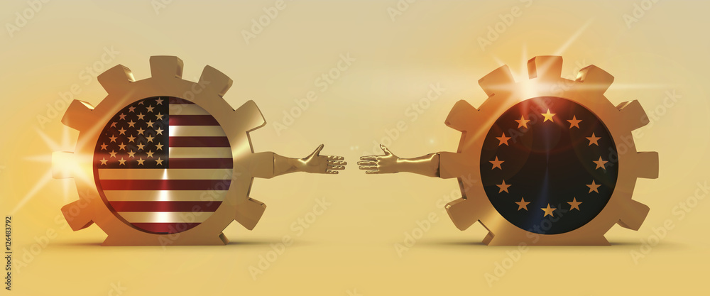Wall mural web banner, header layout template. politic and economic relationship between usa and european union