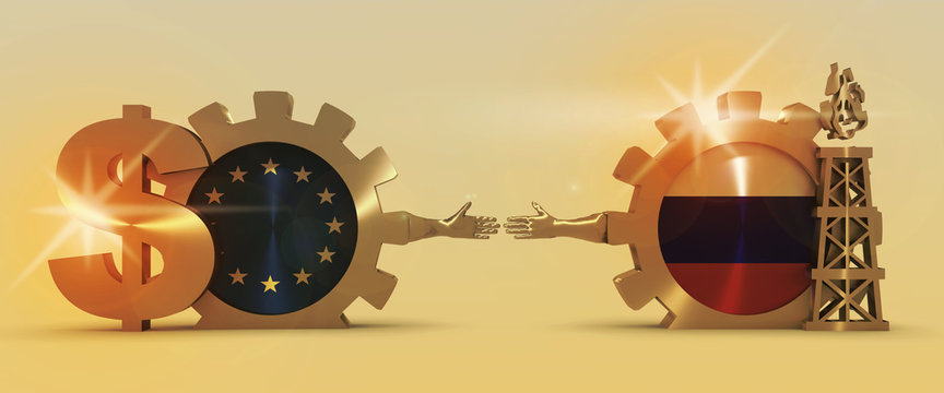 Image relative to gas transit from russia to turkey. Business Handshake. 3D rendering. Lens flare effect. Gold material of a gears. Russian and European Union flags on golden cog wheels.