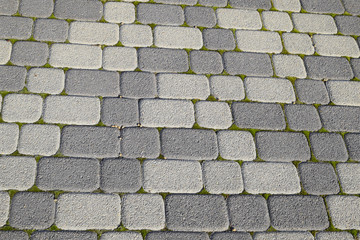 Industrial building background of paving slabs with overgrown with moss in the cracks. Texturing background