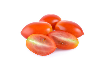 whole and half cut fresh tomato on white background