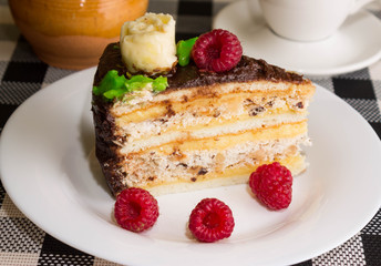 Chocolate cake with raspberries on a white plate