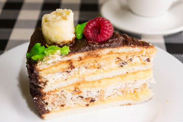 Chocolate cake with raspberries on a white plate