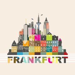 Frankfurt Skyline Sehenswürdigkeiten Umriss Silhouette Wandtatoo Mosaik bunt Schattenbild Grafik Stadt Panorama