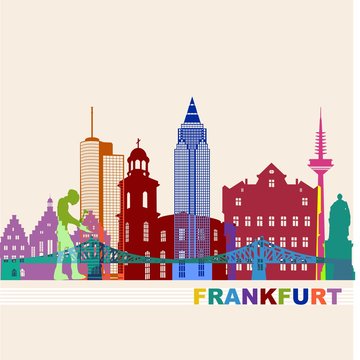 Frankfurt Skyline Sehensw&uuml;rdigkeiten Umriss Silhouette bunt Wandtatoo Schattenbild Grafik Stadt buntes Panorama
