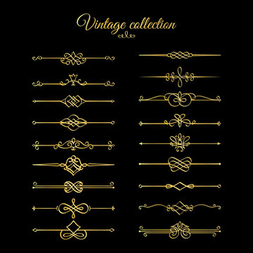 Gold calligraphic page dividers. Vector golden flourishes page decoration vignettes