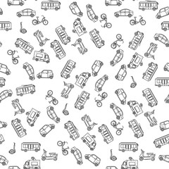 Ground transportation in linear style monochrome seamless pattern. Vector illustration