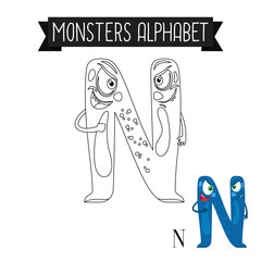Coloring page monsters alphabet for kids. Letter N vector illustration