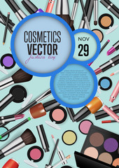 Cosmetics product presentation poster. Makeup accessories set. Cosmetics promotion flyer with date and time. Brushes, powder palettes, lipstick, eye pencil, nail polish vectors. For beauty salon, shop