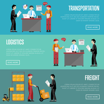 Logistic and transportation banners set of delivery process, isolated vector illustration. Truck and porters.