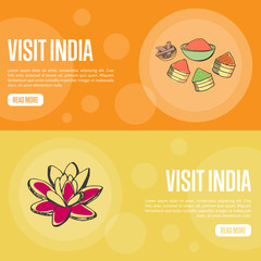 Visit India horizontal banners. Exotic spices and lotus flower hand drawn vector illustrations. Web templates with country related doodle symbols.