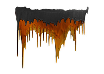 three shades of orange and black paints dripping isolated on whi