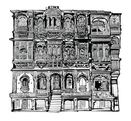 Facade of old house with balconies in Jodhpur, India