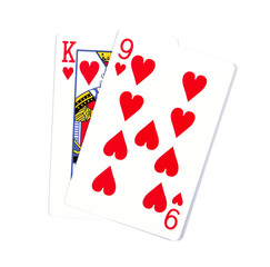 Two cards isolated on white.K and 9 playing cards in hearts isol