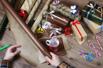 hand gift wrapping paper for the holiday Christmas
