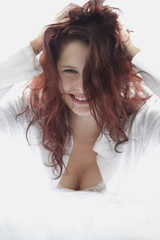 Woman messing up her hair