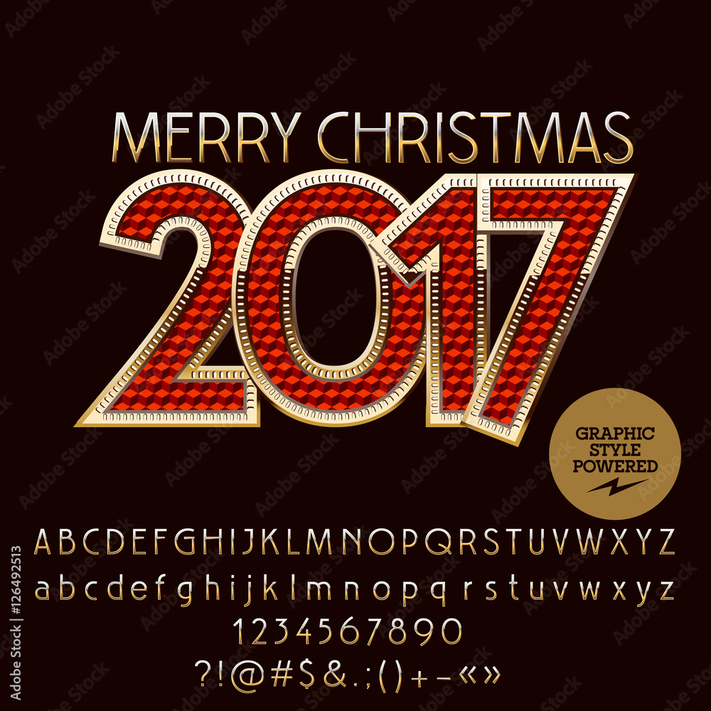 Fototapete vector red and golden merry christmas 2017 greeting card with set of letters, symbols and numbers. f
