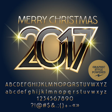 Vector black and gold Merry Christmas 2017 greeting card with set of letters, symbols and numbers. File contains graphic styles