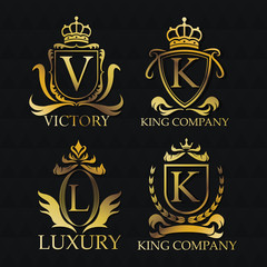Gold emblem icon set. Exclusive rich club glamour and member theme. Black polygonal background. Vector illustration