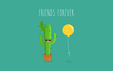 Funny cactus with air balloon. Vector illustrations. Friends forever.