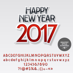 Vector modern sticker Happy New Year 2017 greeting card with set of letters, symbols and numbers. File contains graphic styles