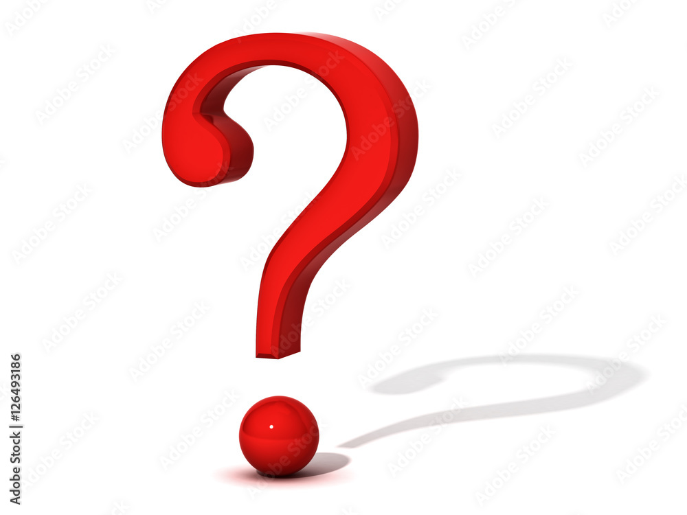 Poster red question mark isolated over white background with reflection and shadow 3d rendering