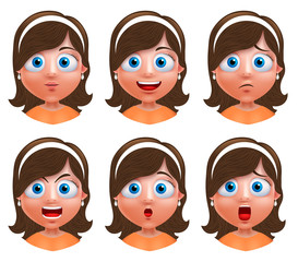 Girl avatar vector character. Set of portrait of young girl face with facial expressions wearing headband isolated in white background. Vector illustration.
