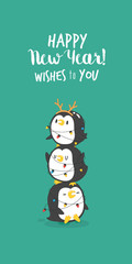 Greeting card Merry Christmas and Happy New Year. Funny penguin wishes to you a happy holidays. Vector illustration. - 126493159