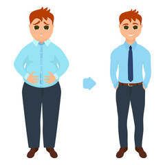 Man before and after weight loss. Perfect body symbol. Successful diet, fitness and weight loss concept. Perfect for fitness gyms and health magazines. Vector illustration.