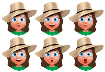 Girl avatar vector character. Set of portrait of young girl face with facial expressions wearing summer hat isolated in white background. Vector illustration.
