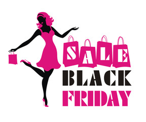 Obraz na płótnie Canvas Black Friday sale vector illustration with the image of a beautiful woman with purchases. Black silhouette on white background
