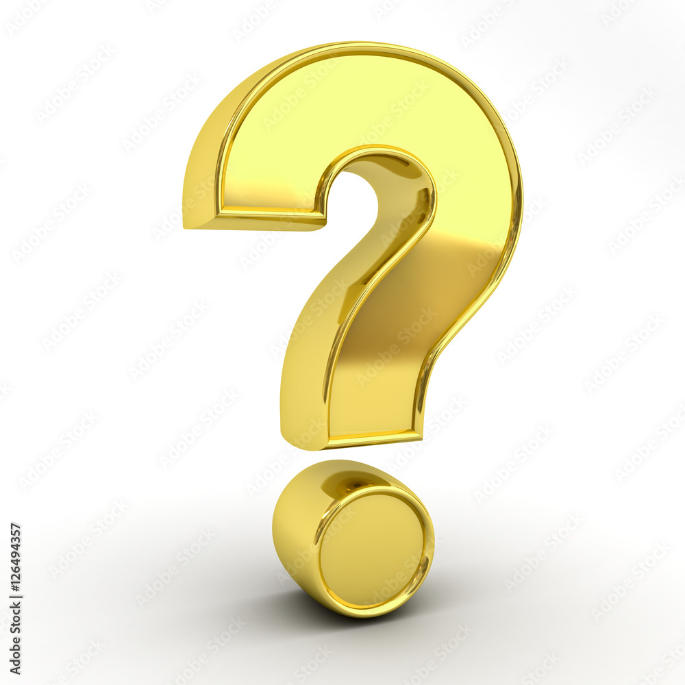 Poster Gold question mark isolated over white background with reflection and shadow 3D rendering