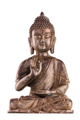 Buddha Shakyamuni's figure in a manual pose - vitarka mudra. The old statue made of metal isolated on a white background.