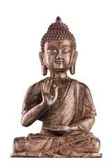 Papier Peint photo autocollant Bouddha La figure de Bouddha Shakyamuni dans une pose manuelle - vitarka mudra. L& 39 ancienne statue en métal isolée sur fond blanc.