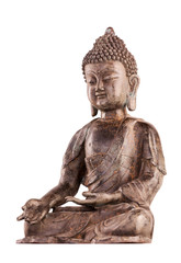 Buddha Shakyamuni's figure in a blessing pose - varada mudra. The old statue made of metal isolated on a white background.
