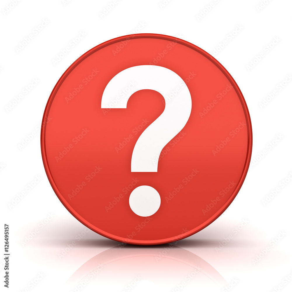 Poster Question mark in red sign circle isolated over white background with reflection and shadow 3D rendering