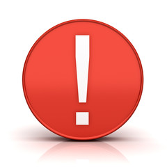 Exclamation mark in red circle sign isolated over white background with reflection and shadow 3D rendering