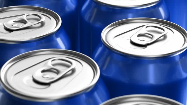3D seamless looping animation of blue soda cans moving on the production line