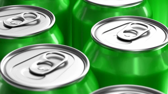 3D seamless looping animation of green soda cans moving on the production line