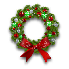 Fototapeta na wymiar Christmas wreath. Green branch of fir tree with red, silver, green balls and ribbon on a white background. Christmas cards. illustration