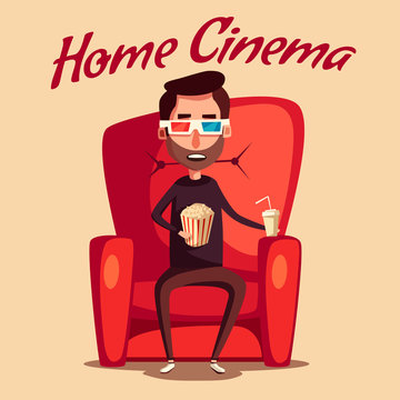 Home cinema. Movie watching. Cartoon vector illustration
