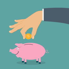 Smiling, pretty pink pig piggy bank with falling coins - Contrib