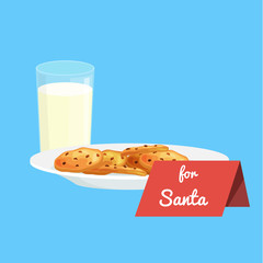 Christmas white milk in a glass with chocolate cookies on a plate and sign for Santa Claus, treats icon in the New Year's Eve vector illustration