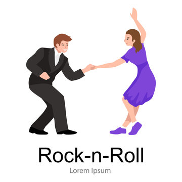Young couple dancing lindy hop or swing in a formation, man and woman Rock and Roll dancing