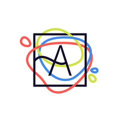 Letter A logo in square frame at colorful line background.