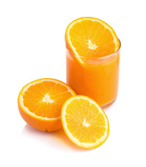 Orange juice and slices of orange isolated on white.