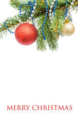 Fototapeta na wymiar Christmas greeting card. Isolated tree with balls and ornament o