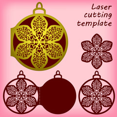 Fototapeta premium Set of laser cutting templates. Openwork snowflake, christmas tree bauble, card. For greeting cards, labels, tags, invitations. Card size 100x120 mm. Vector illustration.