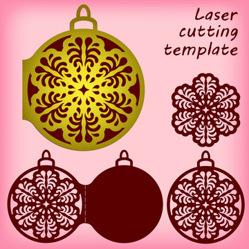 Set of laser cutting templates. Openwork snowflake, christmas tree bauble, card. For greeting cards, labels, tags, invitations. Card size 100x120 mm. Vector illustration.